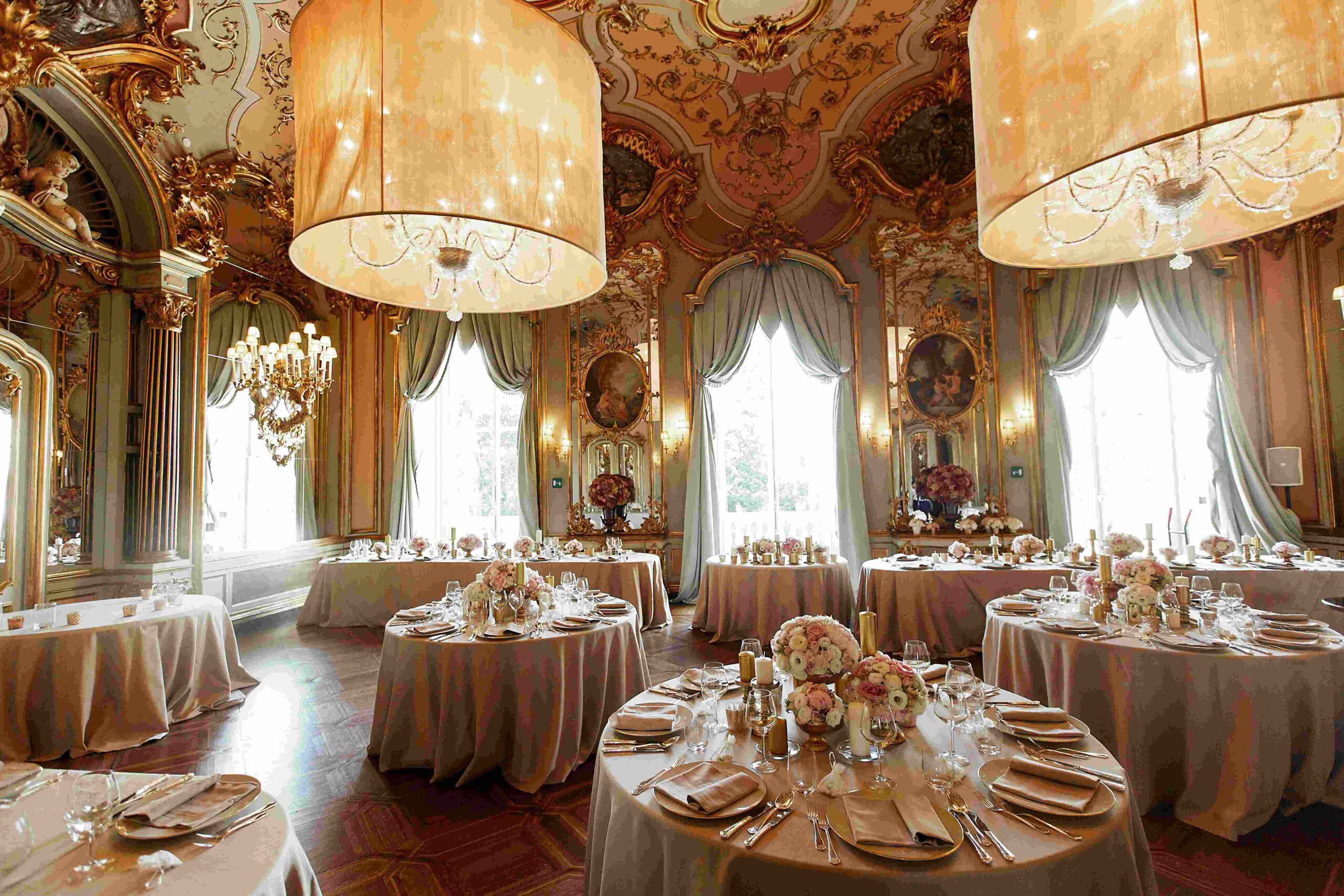 luxury wedding reception ballroom guests chandelier